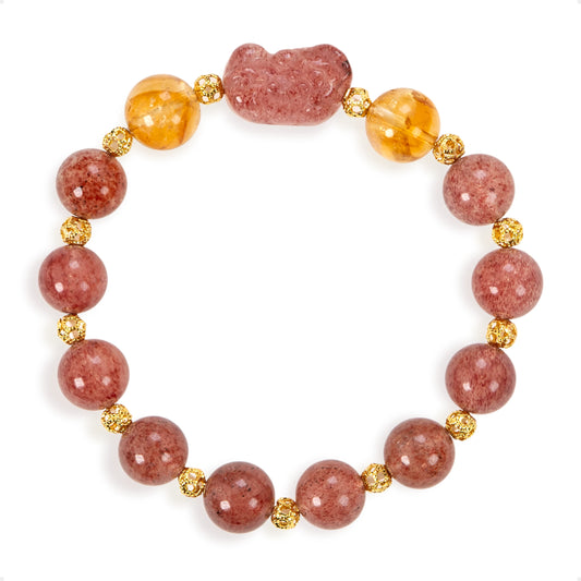 SENLLY Strawberry Fortune - Beaded Stretch Bracelet with Strawberry Quartz, Citrine & Pixiu Charm, Handmade Natural Stone Jewelry for Luck, Warmth & Emotional Balance