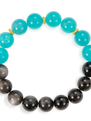 SENLLY Aqua Balance - Beaded Stretch Bracelet with Amazonite & Silver Obsidian, Handcrafted Natural Stone Jewelry for Calm, Clarity & Confidence