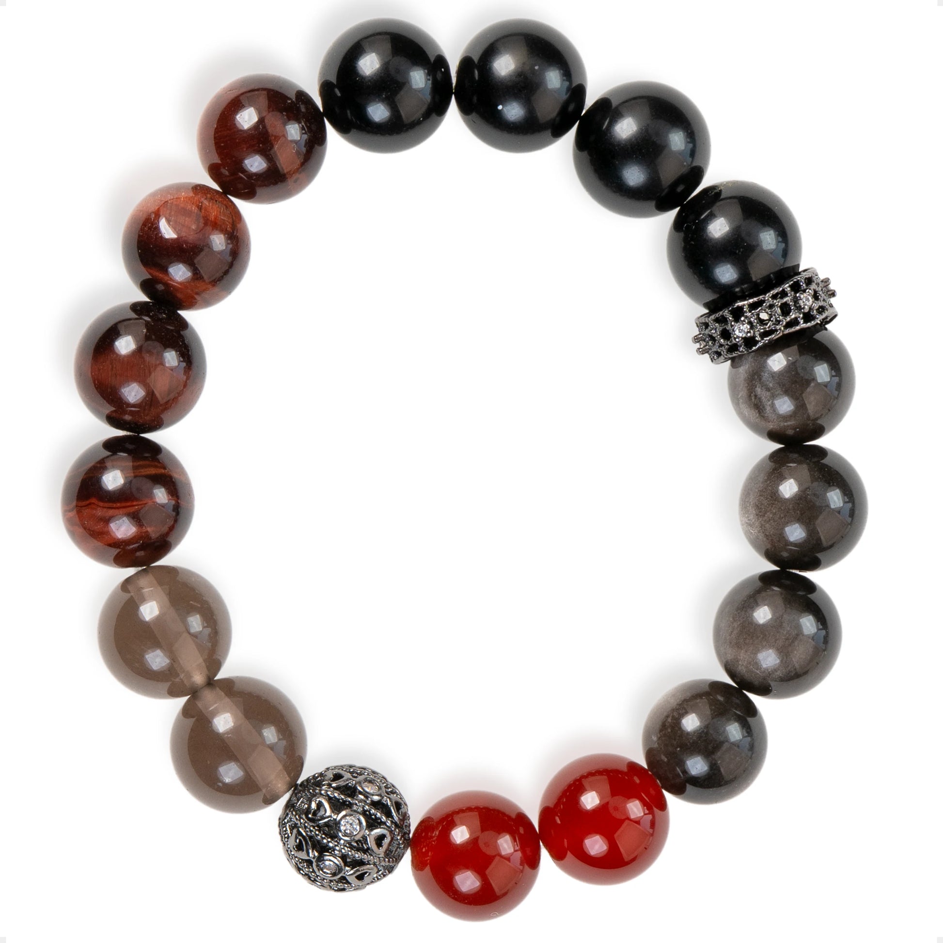 SENLLY Shadow Ember - Beaded Bracelet with Black Agate, Red Tiger Eye, Smoky Quartz, Red Agate & Silver Obsidian, Handmade Natural Stone Jewelry for Strength, Protection & Stability