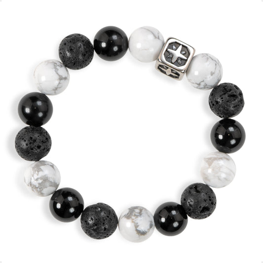 SENLLY Midnight Balance - Beaded Stretch Bracelet with Lava Rock, Howlite & White Agate, Handcrafted Natural Stone Jewelry for Grounding, Clarity & Calm
