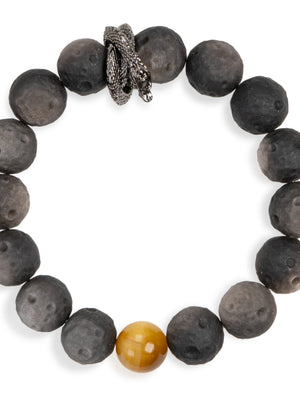 SENLLY Shadow Serpent - Silver Obsidian Bracelet with Gold Tiger Eye Accent, Handcrafted Natural Stone Jewelry for Protection, Focus & Grounded Strength