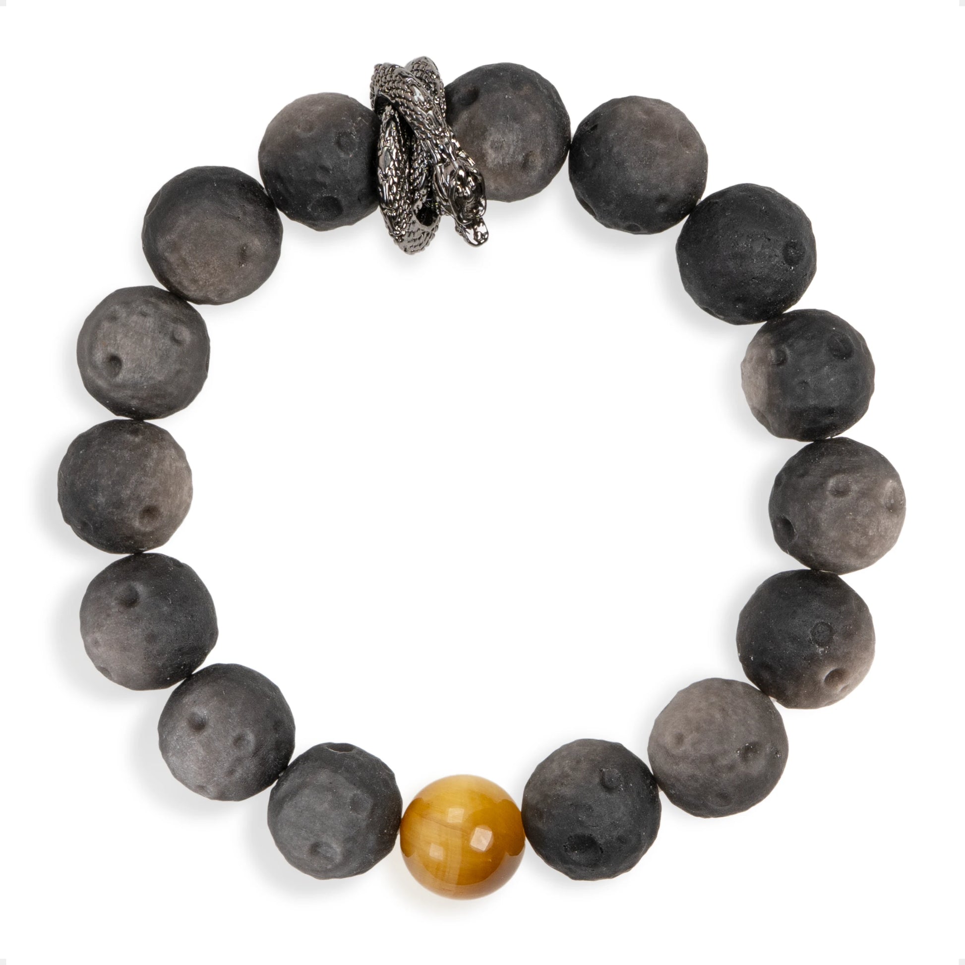 SENLLY Shadow Serpent - Silver Obsidian Bracelet with Gold Tiger Eye Accent, Handcrafted Natural Stone Jewelry for Protection, Focus & Grounded Strength