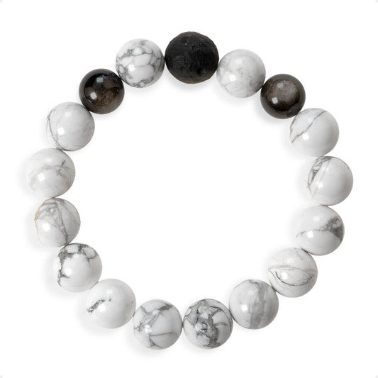 SENLLY Frosted Balance - Beaded Stretch Bracelet with Howlite & Silver Obsidian, Handcrafted Natural Stone Jewelry for Clarity, Calm & Grounding