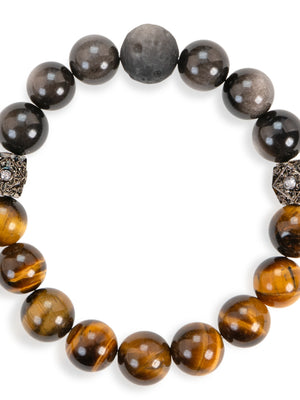 SENLLY Ember Balance - Beaded Stretch Bracelet with Tiger Eye & Silver Obsidian, Handmade Natural Stone Jewelry for Confidence, Grounding & Focus