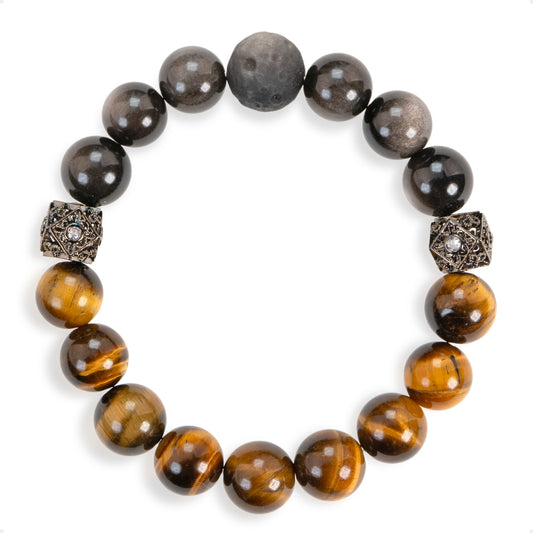 SENLLY Ember Balance - Beaded Stretch Bracelet with Tiger Eye & Silver Obsidian, Handmade Natural Stone Jewelry for Confidence, Grounding & Focus