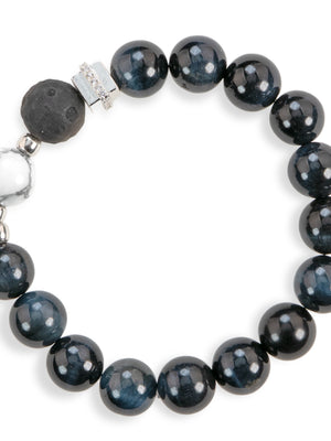 SENLLY Midnight Aegis - Beaded Stretch Bracelet with Natural Blue Tiger Eye, Silver Obsidian & Howlite, Handcrafted Natural Stone Jewelry for Strength, Focus & Grounding