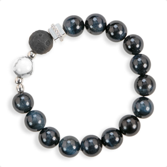 SENLLY Midnight Aegis - Beaded Stretch Bracelet with Natural Blue Tiger Eye, Silver Obsidian & Howlite, Handcrafted Natural Stone Jewelry for Strength, Focus & Grounding