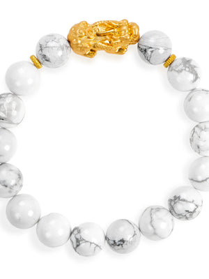 SENLLY Marble Calm - Beaded Stretch Bracelet with Howlite & Brass Pixiu Charm, Handmade Natural Stone Jewelry for Calm, Balance & Clarity
