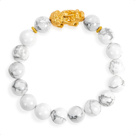 SENLLY Marble Calm - Beaded Stretch Bracelet with Howlite & Brass Pixiu Charm, Handmade Natural Stone Jewelry for Calm, Balance & Clarity