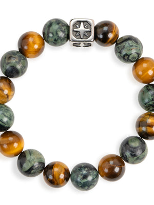 SENLLY Ember Guardian - Beaded Stretch Bracelet with Natural Tiger Eye, Dragon Bloodstone & Metal Accent, Handcrafted Natural Stone Jewelry for Strength, Focus & Grounding
