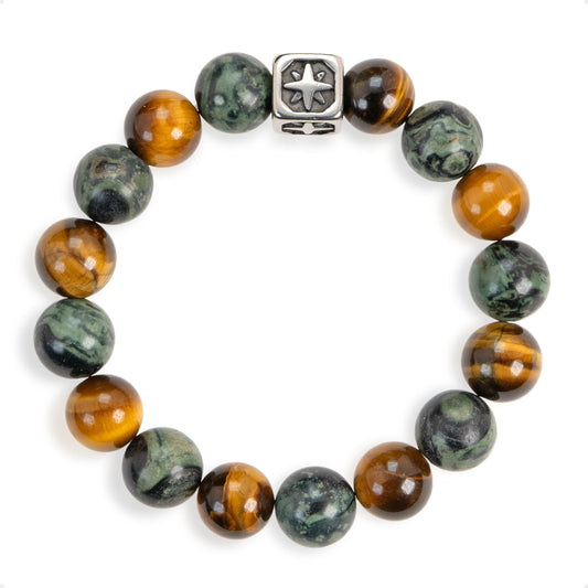 SENLLY Ember Guardian - Beaded Stretch Bracelet with Natural Tiger Eye, Dragon Bloodstone & Metal Accent, Handcrafted Natural Stone Jewelry for Strength, Focus & Grounding