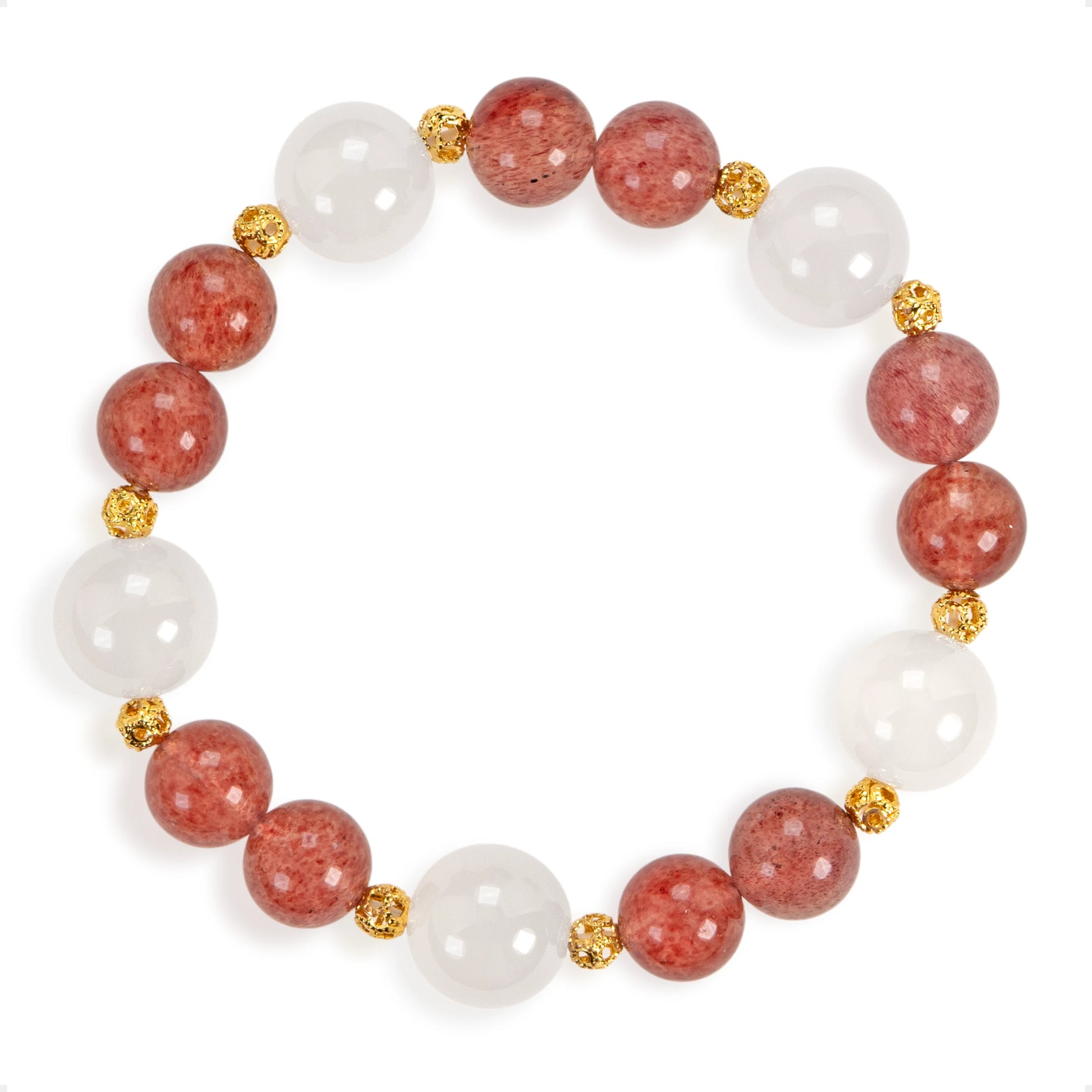 SENLLY Strawberry Bloom - Beaded Stretch Bracelet with Natural Strawberry Quartz & White Agate, Handcrafted Natural Stone Jewelry for Love, Calm & Emotional Balance