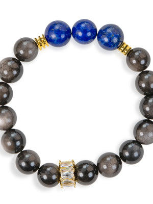 SENLLY Nightfall Insight - Beaded Stretch Bracelet with Natural Lapis Lazuli & Silver Obsidian, Handcrafted Natural Stone Jewelry for Clarity, Strength & Emotional Balance