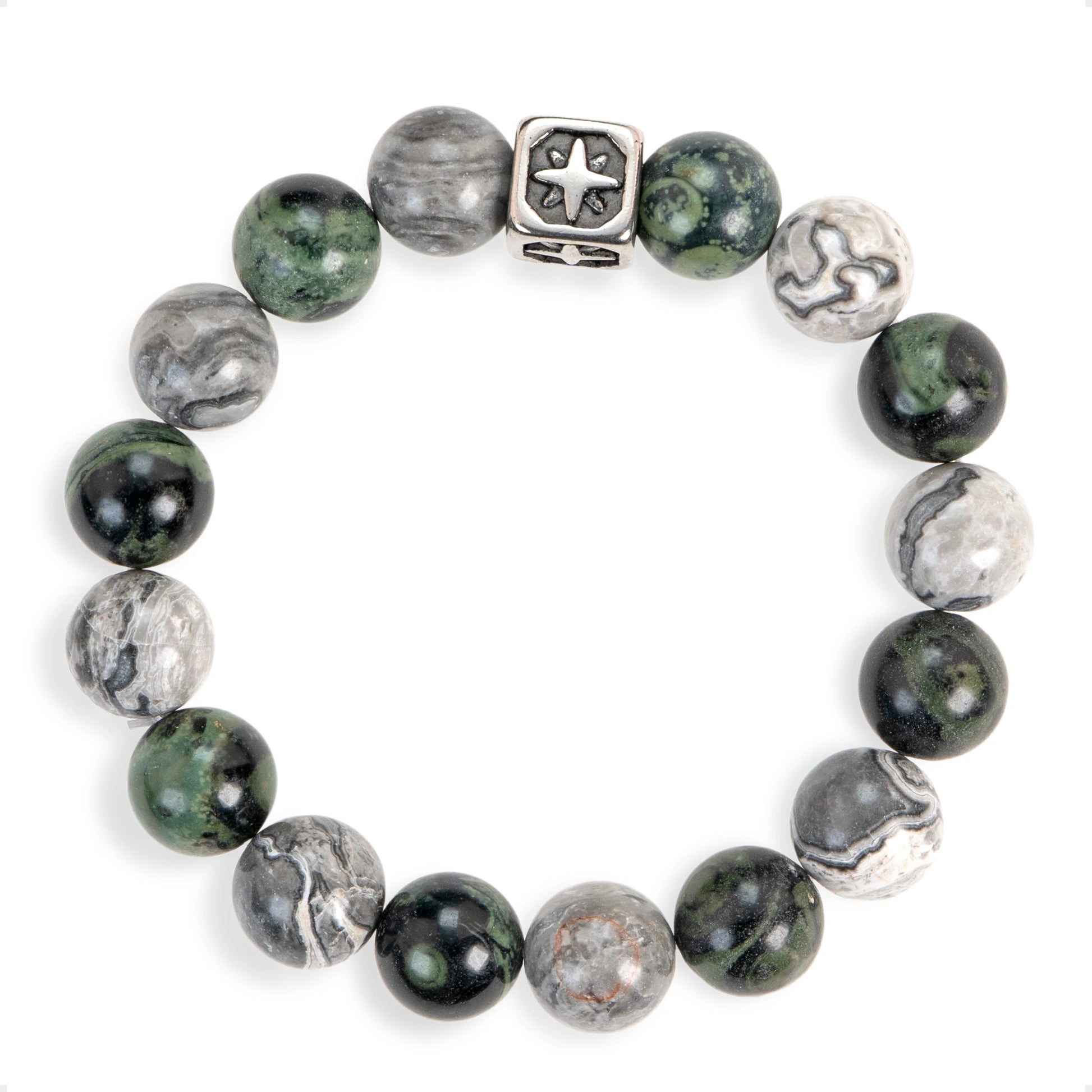 SENLLY Stone Crest - Beaded Stretch Bracelet with Natural Picasso Jasper, Dragon Bloodstone & Metal Accent, Handcrafted Natural Stone Jewelry for Strength, Balance & Clarity