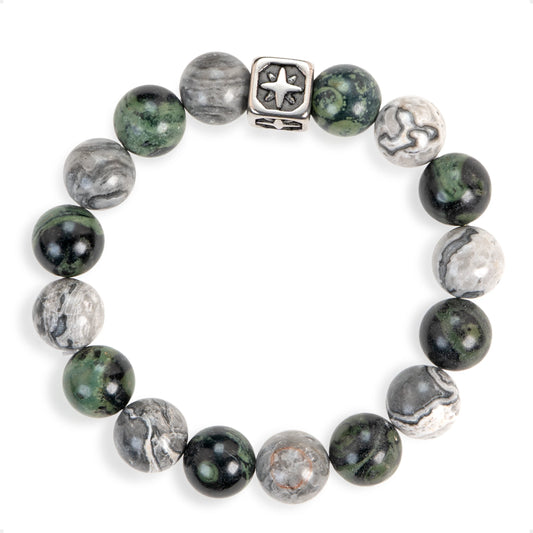 SENLLY Stone Crest - Beaded Stretch Bracelet with Natural Picasso Jasper, Dragon Bloodstone & Metal Accent, Handcrafted Natural Stone Jewelry for Strength, Balance & Clarity