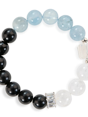SENLLY Ocean Breath - Beaded Stretch Bracelet with Aquamarine, White Agate & Black Agate, Handmade Natural Stone Jewelry for Calm, Balance & Clarity