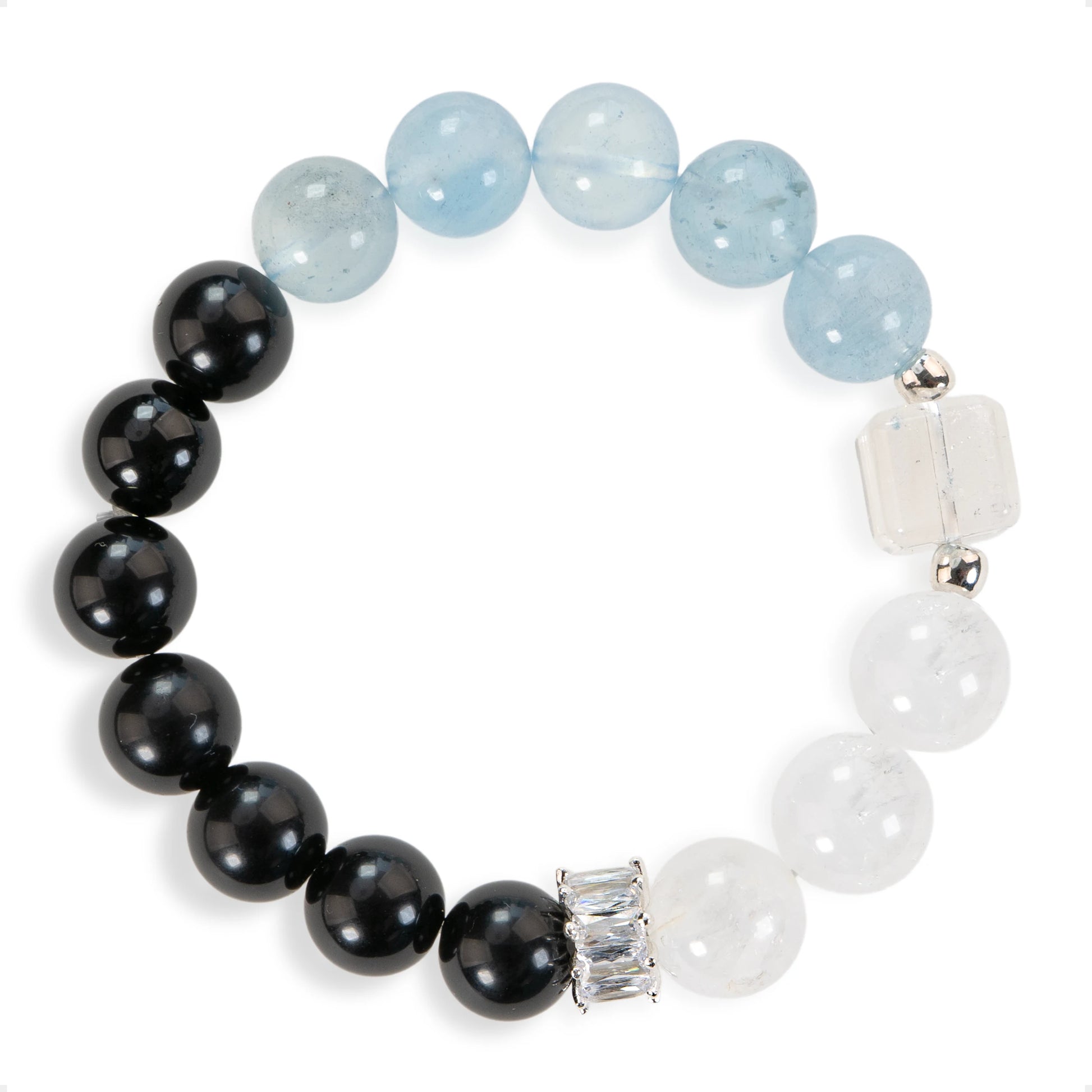 SENLLY Ocean Breath - Beaded Stretch Bracelet with Aquamarine, White Agate & Black Agate, Handmade Natural Stone Jewelry for Calm, Balance & Clarity
