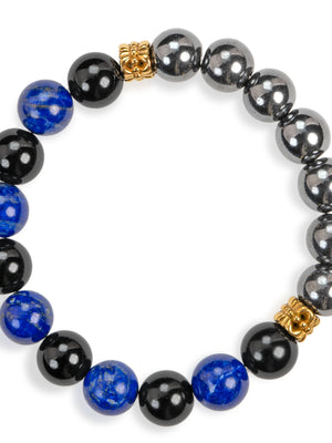 SENLLY Midnight Resolve - Beaded Stretch Bracelet with Natural Hematite, Lapis Lazuli & Black Agate, Handcrafted Natural Stone Jewelry for Strength, Clarity & Protection