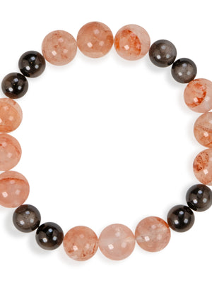 SENLLY Ember Shadow - Beaded Stretch Bracelet with Natural Red Hematoid Quartz & Silver Obsidian, Handcrafted Natural Stone Jewelry for Energy & Protection