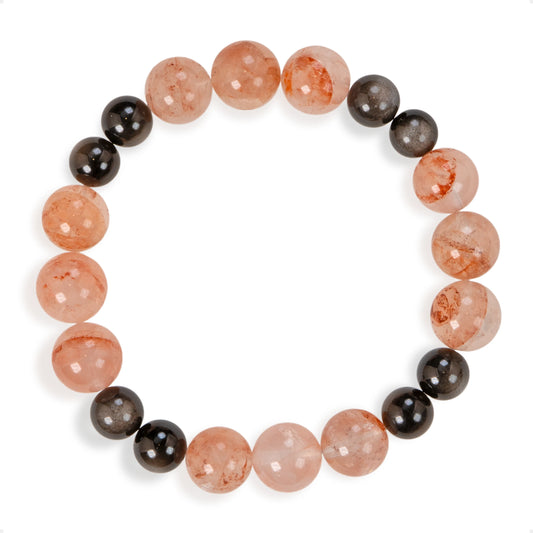 SENLLY Ember Shadow - Beaded Stretch Bracelet with Natural Red Hematoid Quartz & Silver Obsidian, Handcrafted Natural Stone Jewelry for Energy & Protection