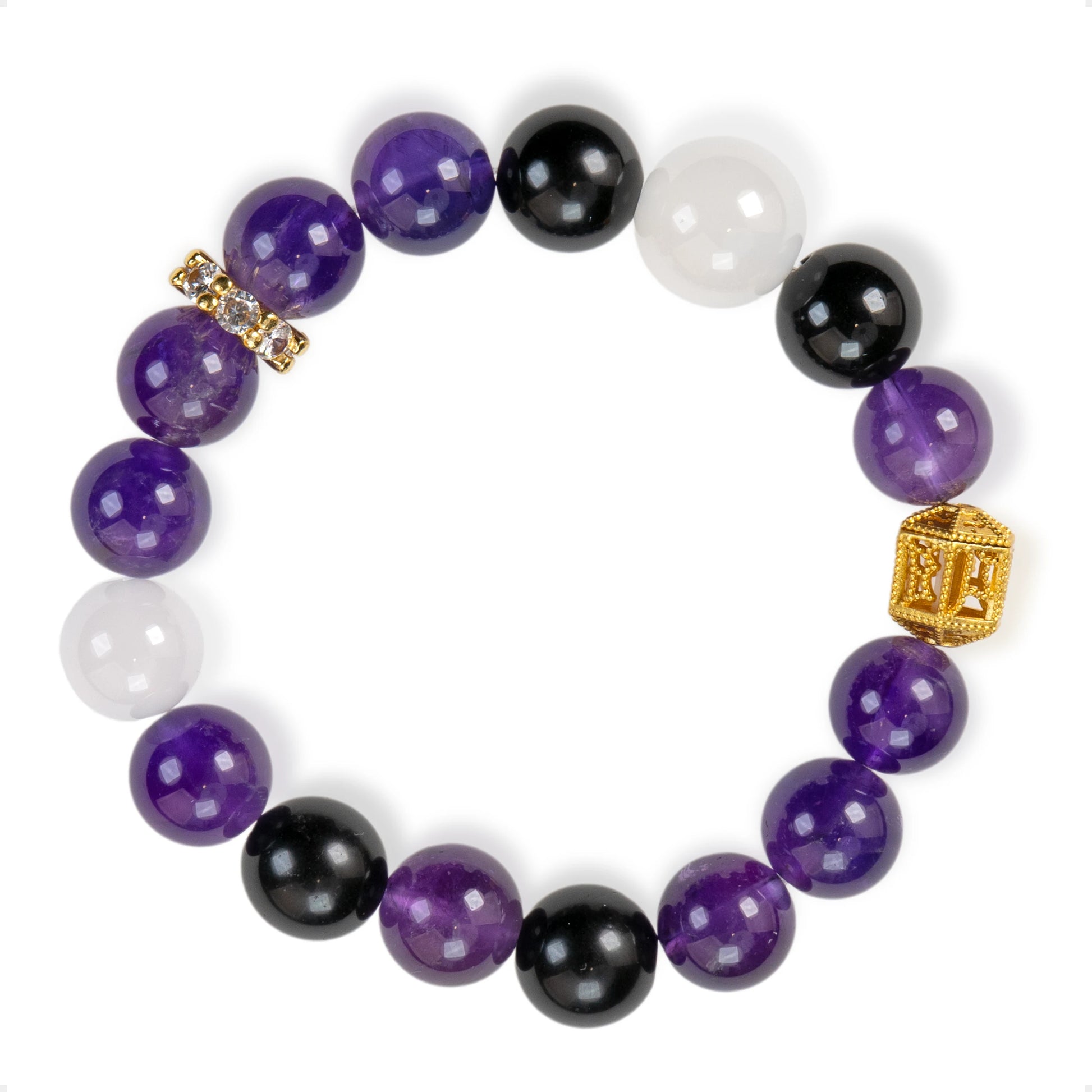 SENLLY Mystic Balance - Natural Amethyst, Black Agate & White Agate Beaded Bracelet, Handcrafted Stretch Stone Jewelry for Calm, Focus & Protection