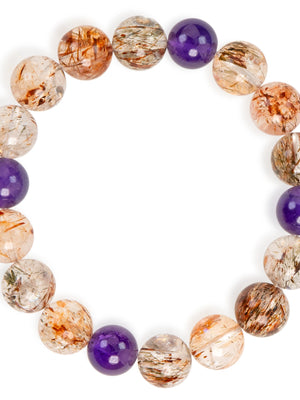 SENLLY Aurora Flame - Beaded Stretch Bracelet with Black Gold Super Seven & Amethyst, Handcrafted Natural Stone Jewelry for Energy, Intuition & Balance