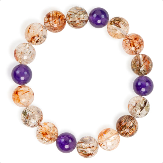 SENLLY Aurora Flame - Beaded Stretch Bracelet with Black Gold Super Seven & Amethyst, Handcrafted Natural Stone Jewelry for Energy, Intuition & Balance