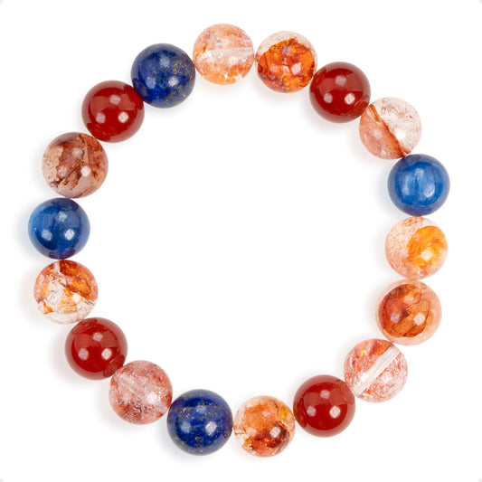 SENLLY Flame & Midnight - Beaded Stretch Bracelet with Natural Red Hematoid Quartz, Red Agate, Lapis Lazuli & Kyanite, Handcrafted Natural Stone Jewelry for Energy, Clarity & Balance