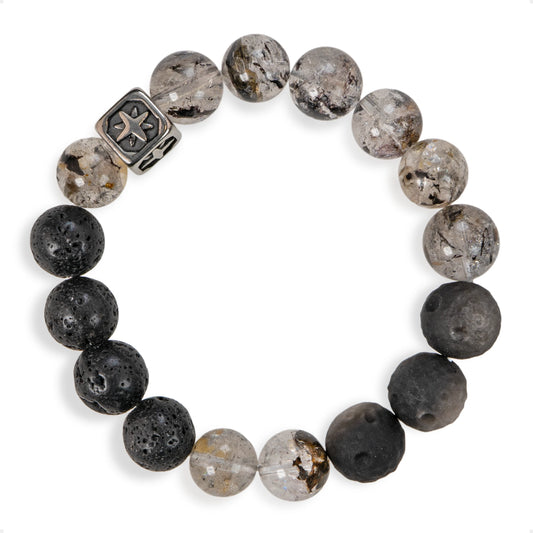 SENLLY Obsidian Rift - Beaded Stretch Bracelet with Natural Black Herkimer Diamond, Lava Rock & Silver Obsidian, Handcrafted Natural Stone Jewelry for Strength, Focus & Grounding