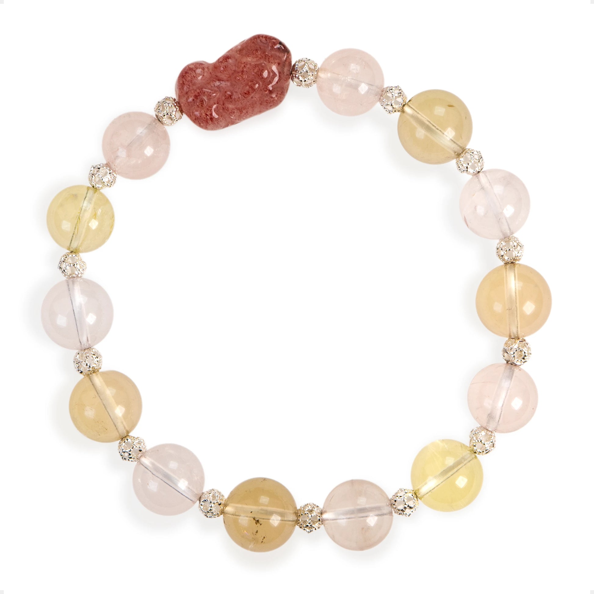 SENLLY Blush Radiance - Beaded Stretch Bracelet with Natural Rose Quartz, Citrine & Pixiu Carving, Handcrafted Natural Stone Jewelry for Love, Optimism & Emotional Harmony