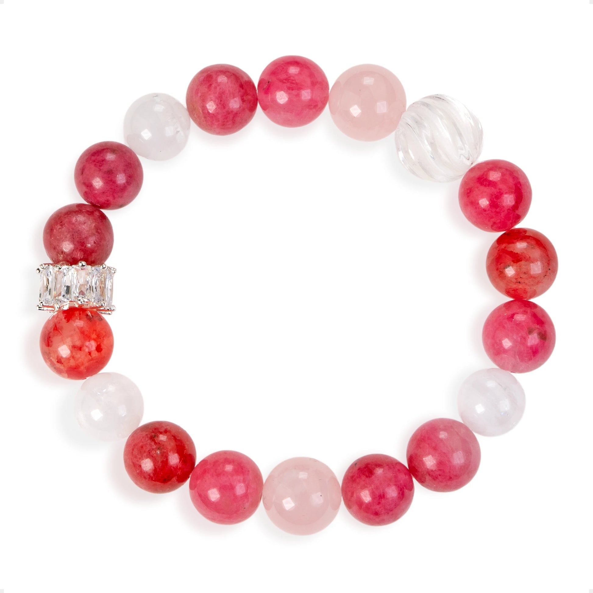 SENLLY Rosy Harmony - Beaded Stretch Bracelet with Natural Rhodonite, Rose Quartz & Clear Quartz, Handcrafted Natural Stone Jewelry for Love, Balance & Emotional Healing