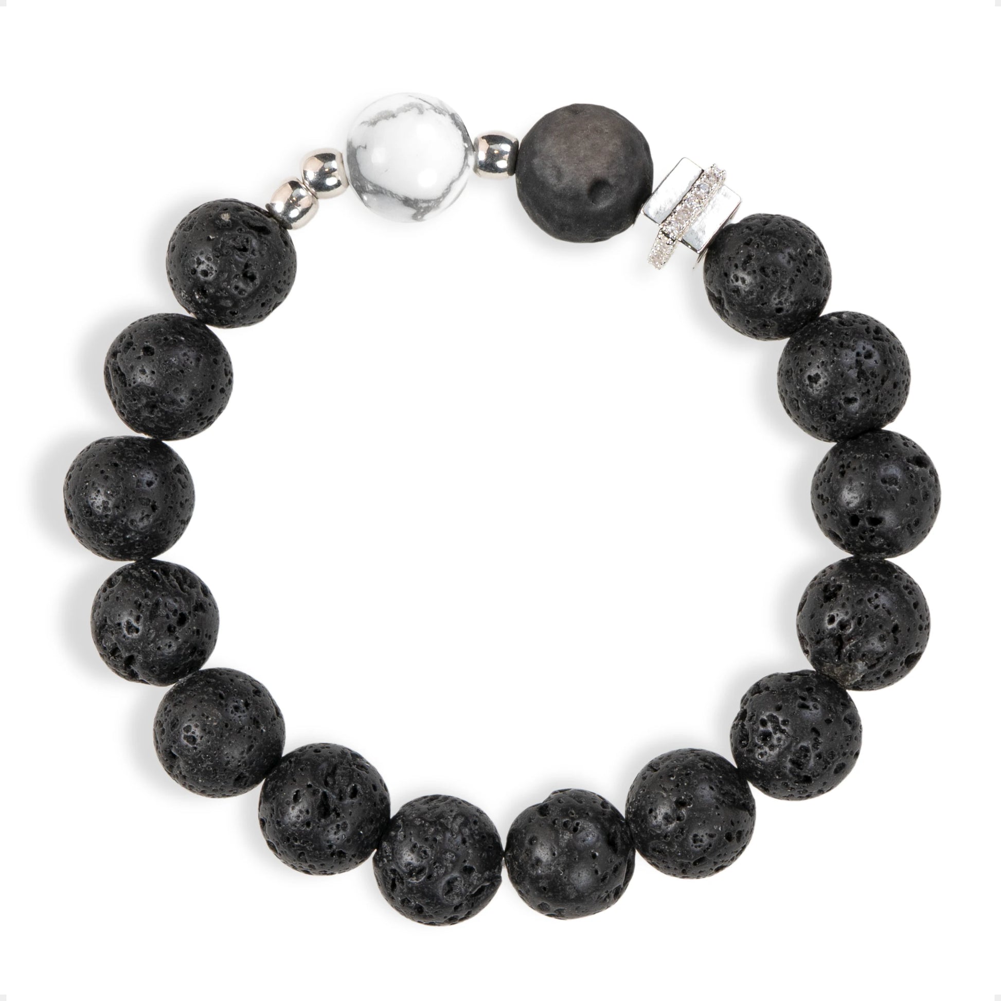 SENLLY Shadow Guardian - Beaded Stretch Bracelet with Natural Lava Rock, Silver Obsidian & Howlite, Handcrafted Natural Stone Jewelry for Strength, Focus & Grounding