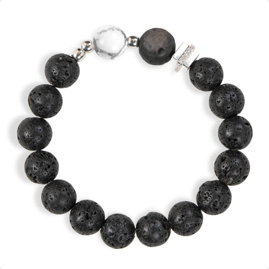 SENLLY Shadow Guardian - Beaded Stretch Bracelet with Natural Lava Rock, Silver Obsidian & Howlite, Handcrafted Natural Stone Jewelry for Strength, Focus & Grounding