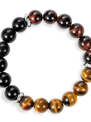 SENLLY Shadow Valor - Beaded Stretch Bracelet with Natural Black Agate, Tiger Eye & Red Tiger Eye, Handcrafted Natural Stone Jewelry for Strength, Confidence & Grounding