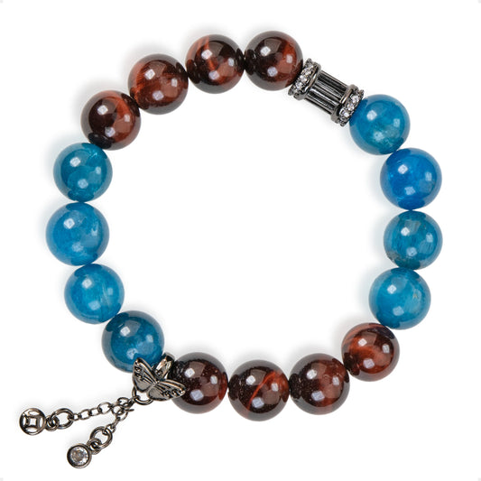SENLLY Crimson Tide - Beaded Stretch Bracelet with Natural Blue Apatite & Red Tiger Eye, Handcrafted Natural Stone Jewelry for Strength, Motivation & Focus