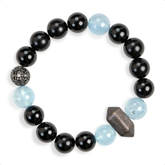 SENLLY Arctic Shadow - Aquamarine, Black Agate & Silver Obsidian Bracelet, Handcrafted Natural Stone Jewelry for Calm, Strength & Modern Style