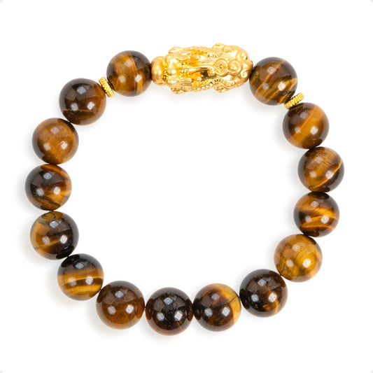 SENLLY Golden Focus - Beaded Stretch Bracelet with Tiger Eye & Brass Pixiu, Handmade Natural Stone Jewelry for Confidence, Balance & Grounding