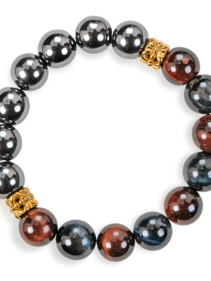 SENLLY Dual Tiger Aura - Beaded Stretch Bracelet with Natural Hematite, Red Tiger Eye & Blue Tiger Eye, Handcrafted Natural Stone Jewelry for Focus, Balance & Confidence