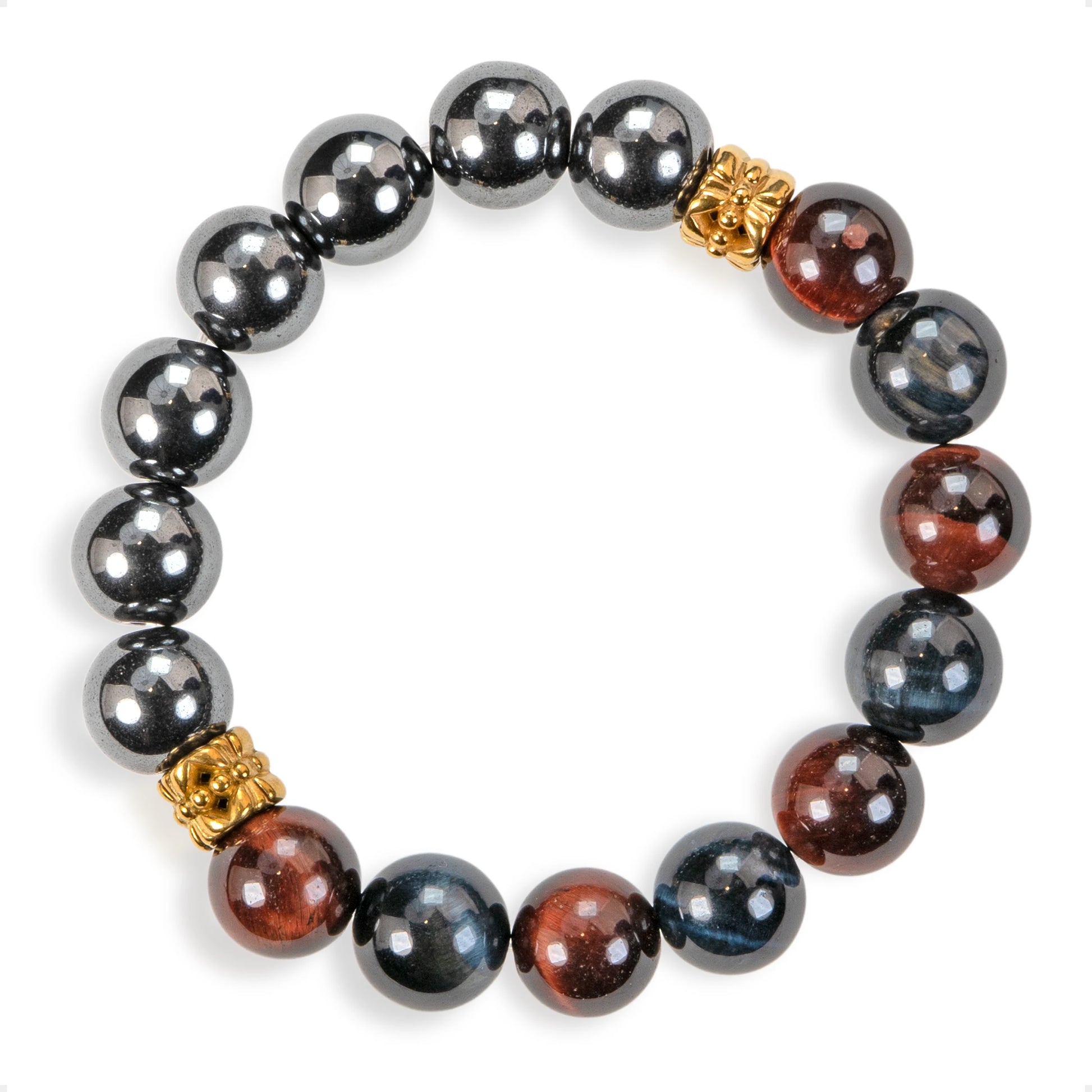 SENLLY Dual Tiger Aura - Beaded Stretch Bracelet with Natural Hematite, Red Tiger Eye & Blue Tiger Eye, Handcrafted Natural Stone Jewelry for Focus, Balance & Confidence