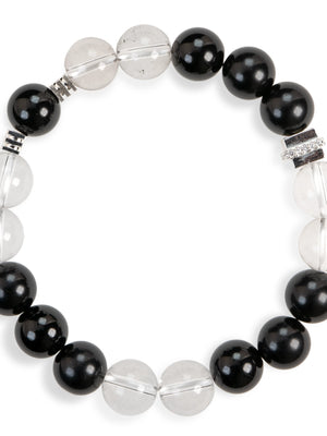 SENLLY Midnight Clarity - Handmade Black Agate & Clear Quartz Bracelet, Natural Stone Beaded Jewelry for Balance & Focus
