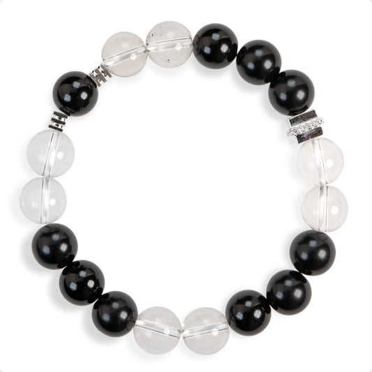 SENLLY Midnight Clarity - Handmade Black Agate & Clear Quartz Bracelet, Natural Stone Beaded Jewelry for Balance & Focus
