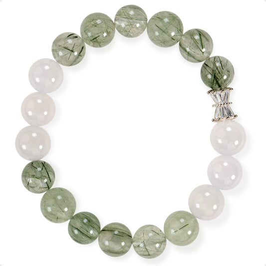 SENLLY Verdant Thread - Beaded Stretch Bracelet with Green Rutilated Quartz & White Agate, Handmade Natural Stone Jewelry for Clarity & Renewal