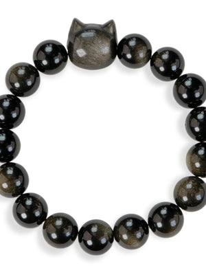 SENLLY Shadow Cat Guardian - Beaded Stretch Bracelet with Silver Obsidian & Cat Head Carving, Handmade Natural Stone Jewelry for Protection, Clarity & Balance