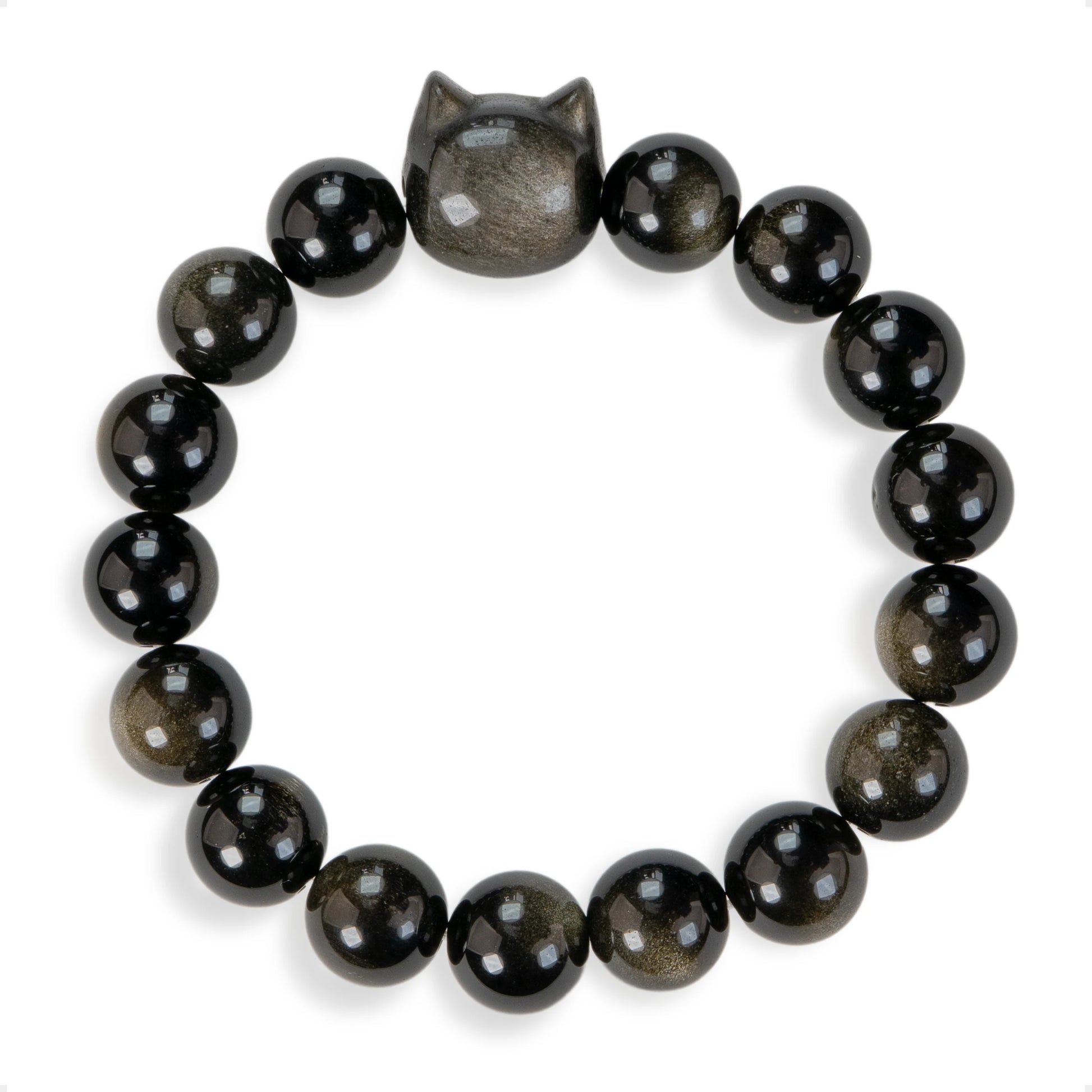SENLLY Shadow Cat Guardian - Beaded Stretch Bracelet with Silver Obsidian & Cat Head Carving, Handmade Natural Stone Jewelry for Protection, Clarity & Balance