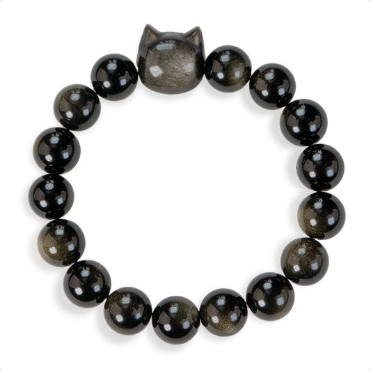 SENLLY Shadow Cat Guardian - Beaded Stretch Bracelet with Silver Obsidian & Cat Head Carving, Handmade Natural Stone Jewelry for Protection, Clarity & Balance