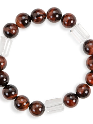 SENLLY Ember Glow - Red Tiger Eye & Clear Quartz Bracelet, Handcrafted Natural Stone Jewelry with Deep Mahogany Shine & Crystal Accents