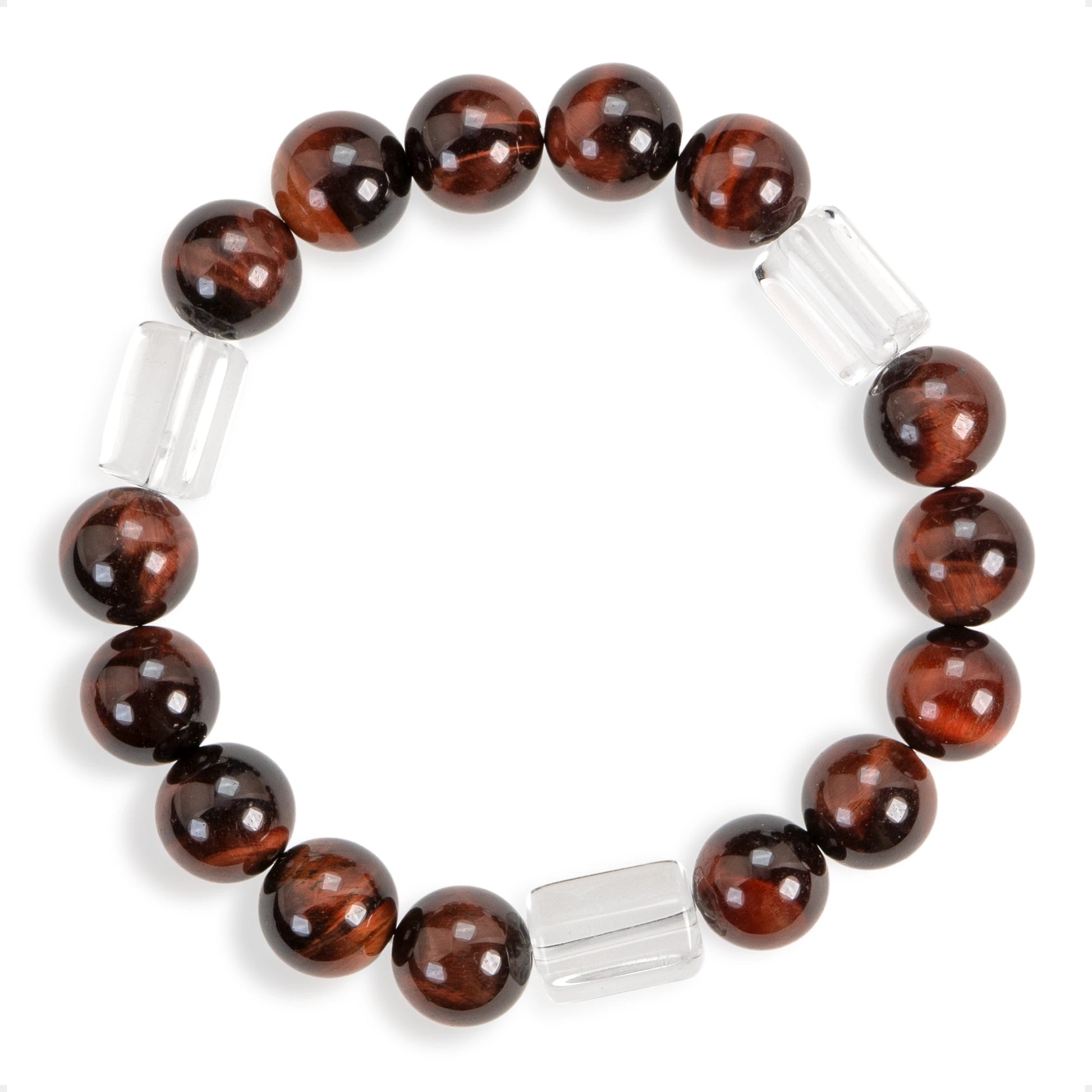 SENLLY Ember Glow - Red Tiger Eye & Clear Quartz Bracelet, Handcrafted Natural Stone Jewelry with Deep Mahogany Shine & Crystal Accents
