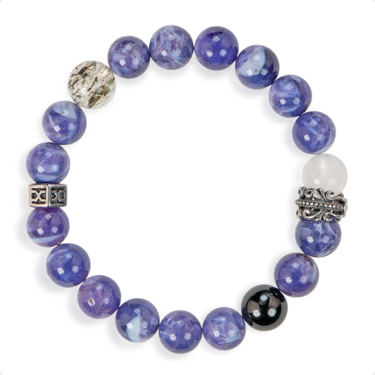 SENLLY Violet Crest - Beaded Stretch Bracelet with Natural Purple Chalcedony, White Agate & Black Herkimer Diamond, Handcrafted Natural Stone Jewelry for Balance, Clarity & Modern Style