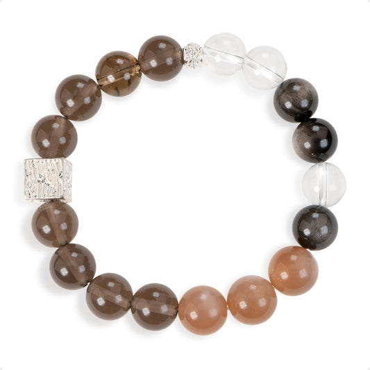 SENLLY Ember Balance - Beaded Stretch Bracelet with Natural Smoky Quartz, Sunstone & Silver Obsidian, Handcrafted Natural Stone Jewelry for Strength, Clarity & Grounding