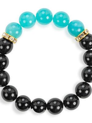 SENLLY Aqua Balance - Beaded Stretch Bracelet with Black Agate & Amazonite, Handmade Natural Stone Jewelry for Calm, Clarity & Emotional Balance
